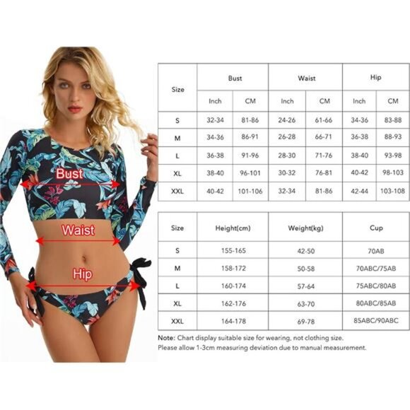 Women's Long Sleeve Rash Guard Swim Shirt Tankini Set UPF 50+ Quick-Dry - Picture 6 of 7